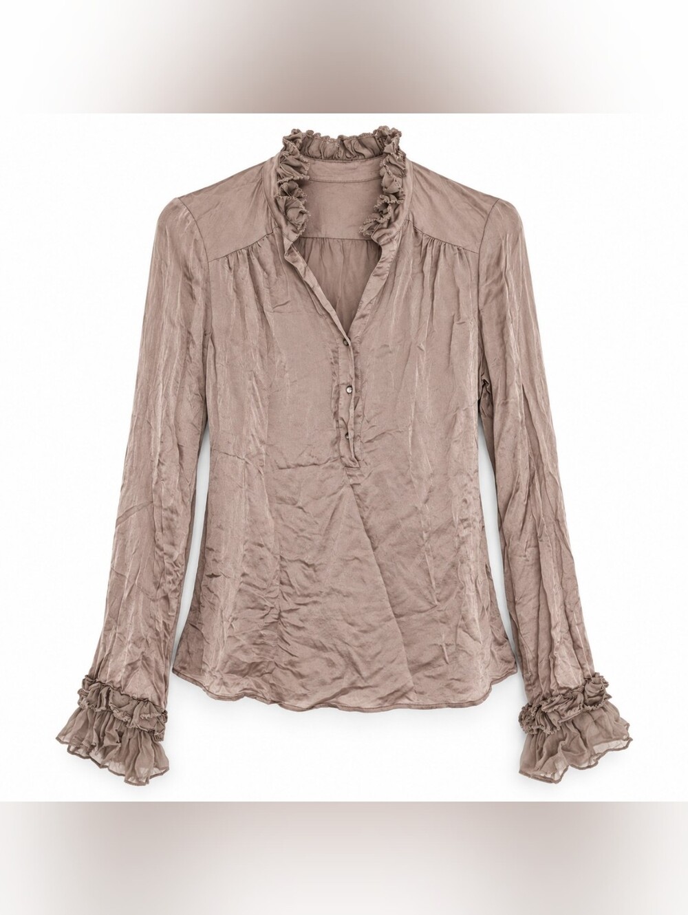 Diane von Furstenberg DVF 100% Silk Ruffle Blouse Taupe Size 4